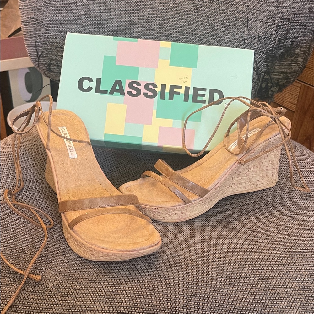 Classified Tan Lace-Up wrap around leg Wedge Sandals